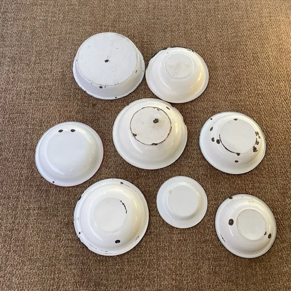 Vintage Enamel Bowl Lot Of 8 White Large Various Size Metal Serving Ware